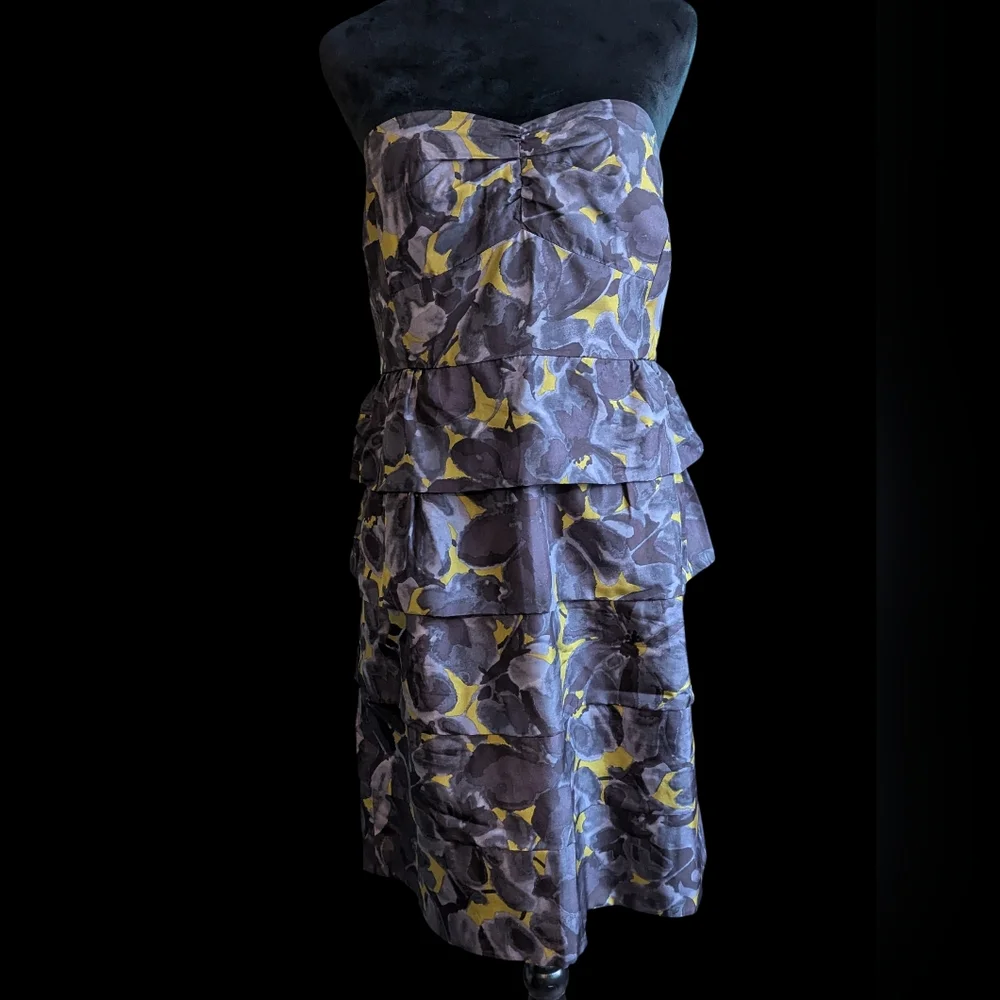 J. Crew Strapless Tiered Floral Dress In Purple And Yellow. 💯% Silk. Size 14.